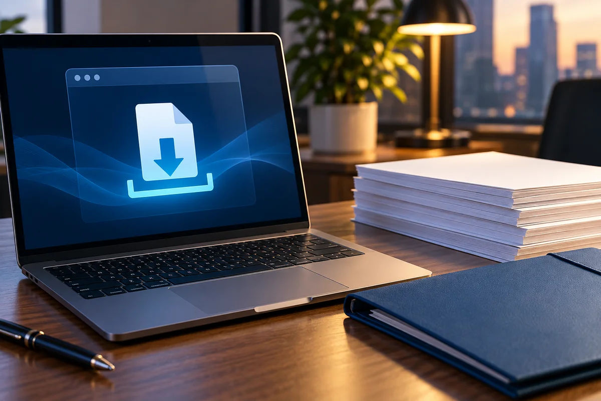 A laptop displays a conceptual download symbol beside a document folder and paper reports.