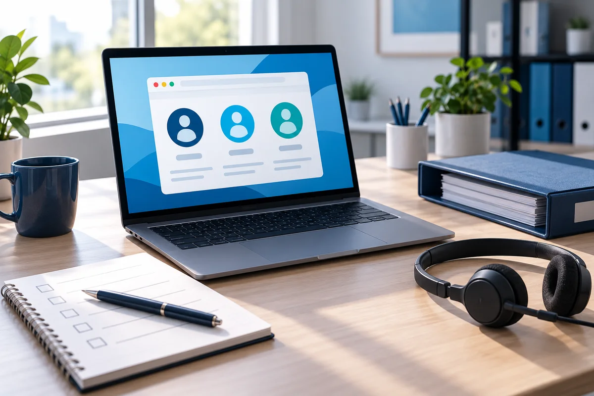 Laptop with conceptual browser profile symbols beside a paper checklist and headset.