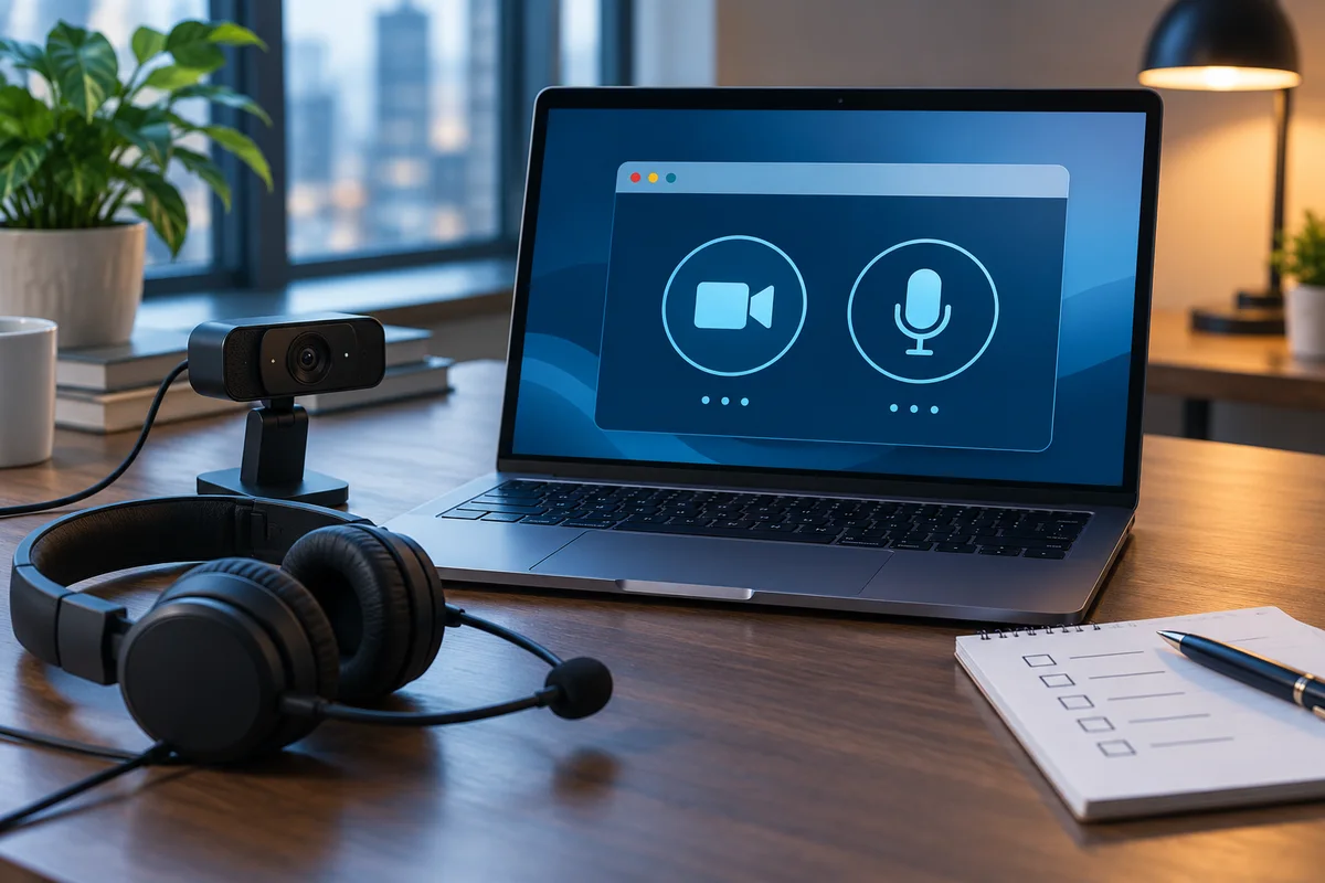 A webcam and headset sit beside a laptop with conceptual camera and microphone symbols.