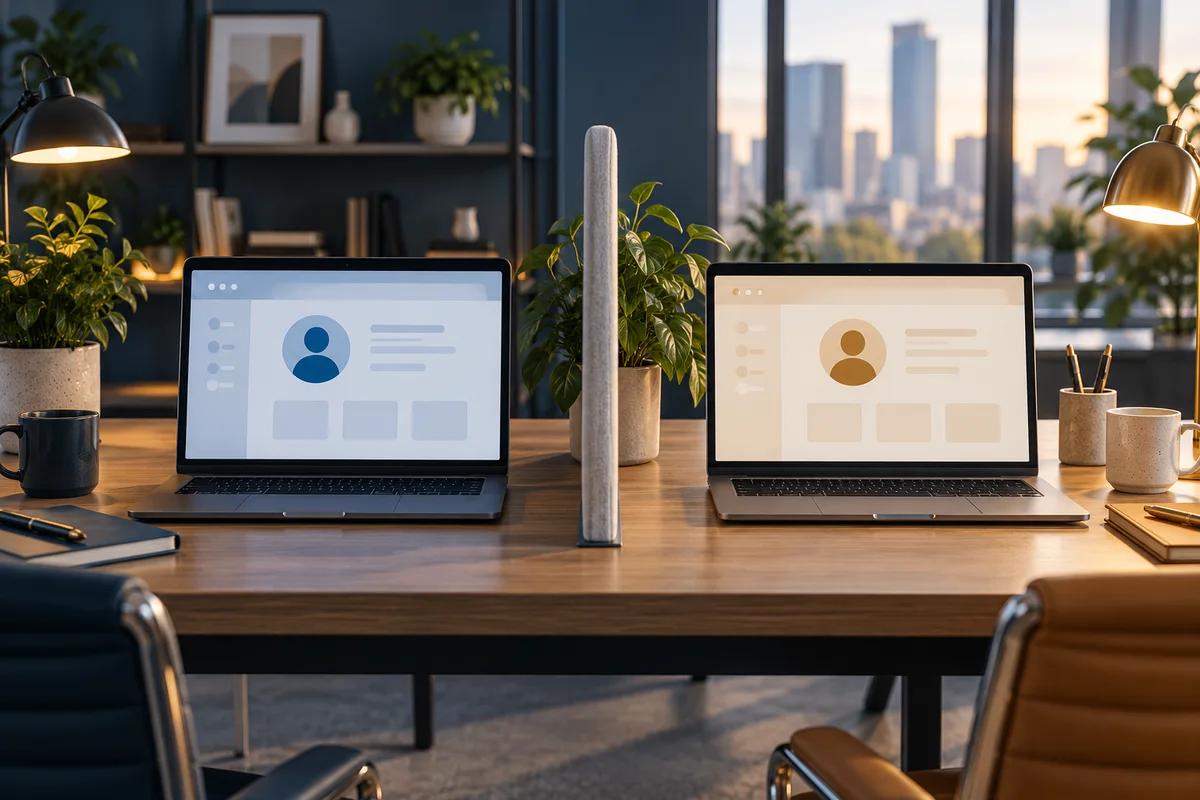 Two laptops show distinct conceptual profile symbols on separated office work areas.