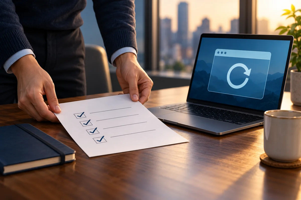 Hands place a checked task list beside a laptop displaying a conceptual restart symbol.