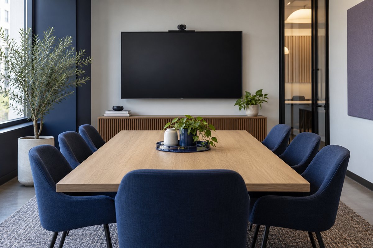 Small office meeting room with table, wall display, and camera.