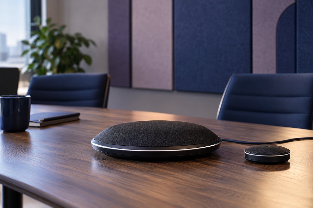 Tabletop conference speakerphone in a room with acoustic panels.