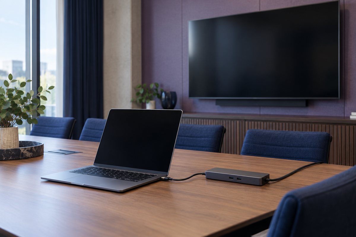 Laptop, USB-C dock, and wall display arranged for a meeting.