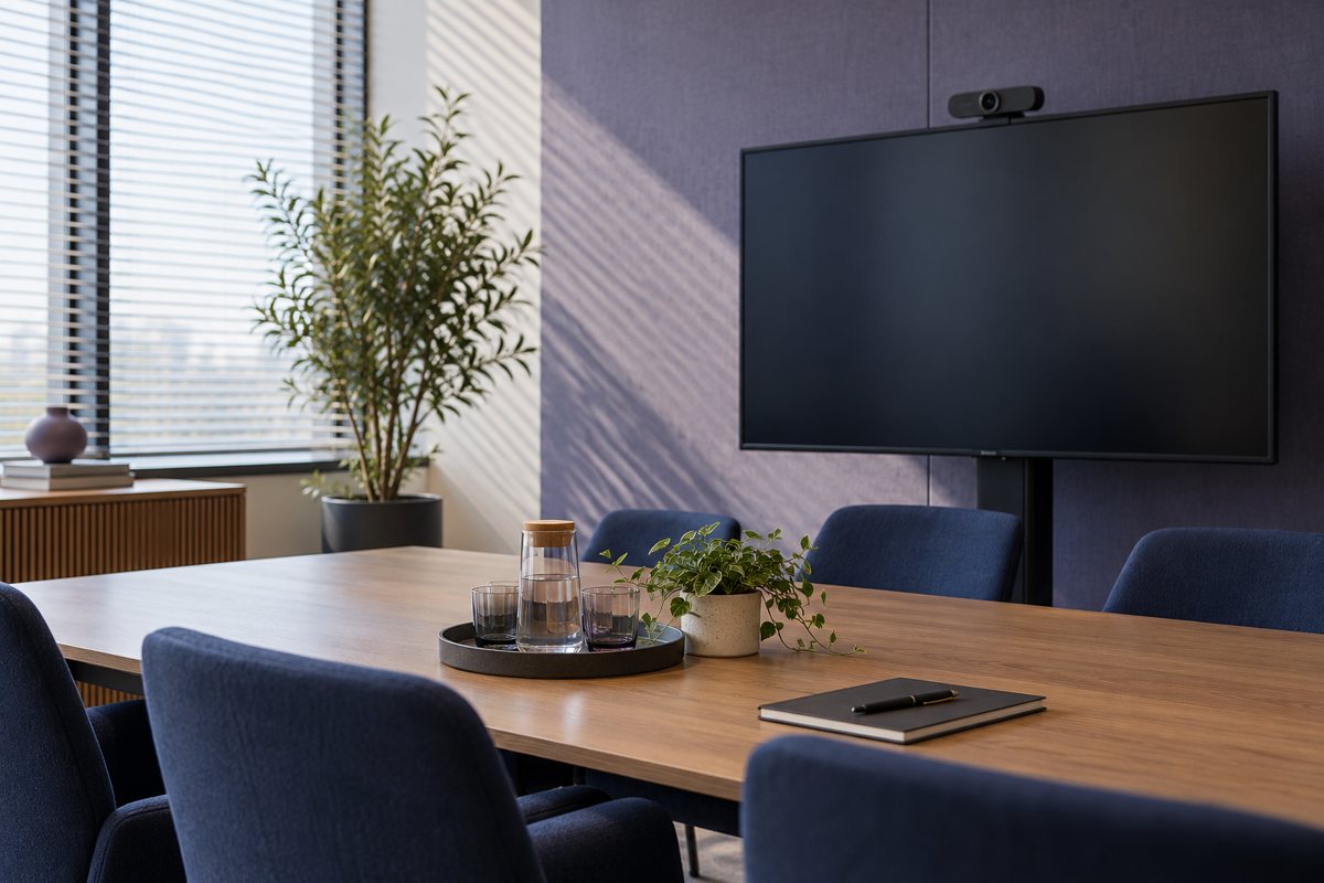 Meeting-room camera beside a display with daylight filtered by blinds.