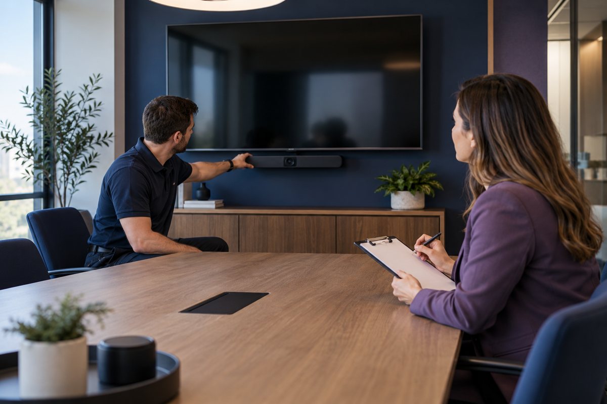 Two colleagues reviewing a meeting-room setup with a clipboard.