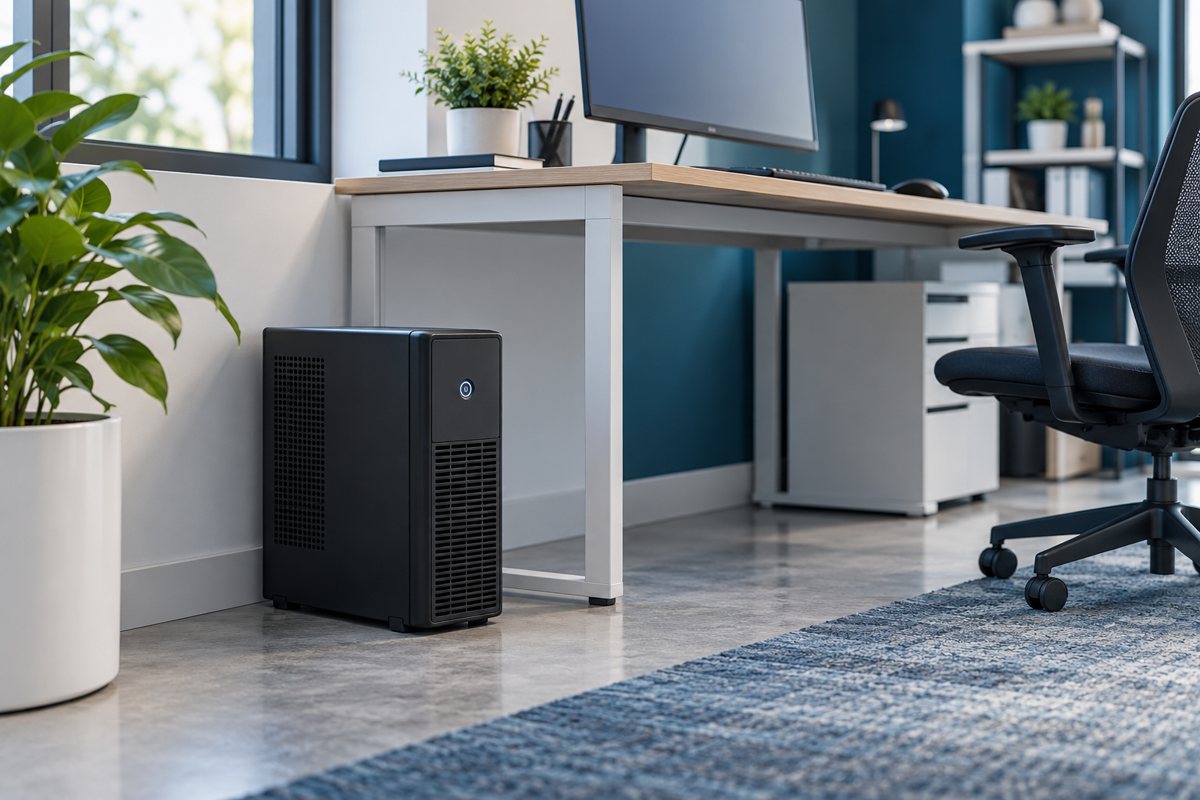 A compact UPS beside an office desk and workstation.