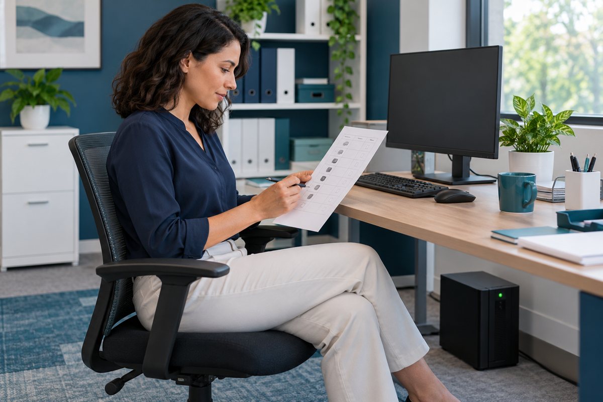 An office administrator reviewing an equipment inventory beside a workstation.
