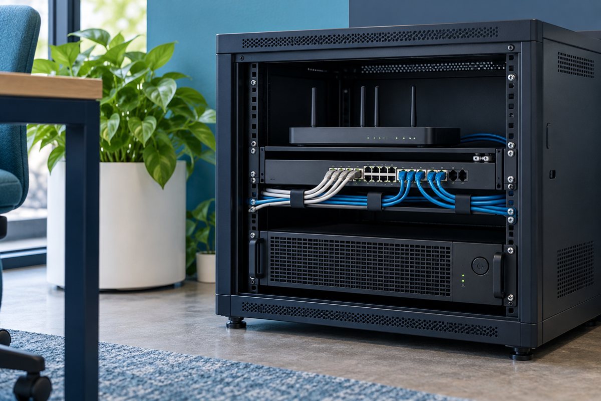 A compact office network cabinet with organized cables and backup-power equipment.