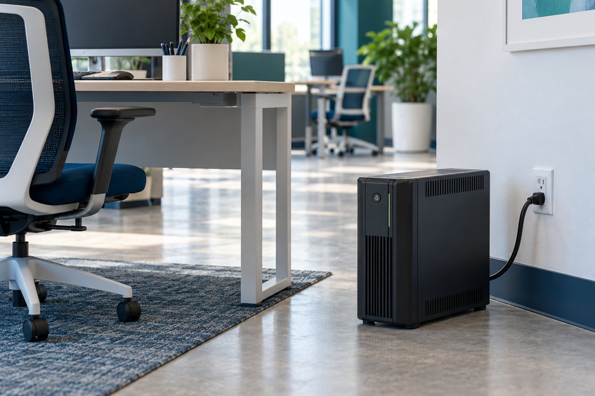 An upright UPS in a clear office location with an unobstructed cable path.