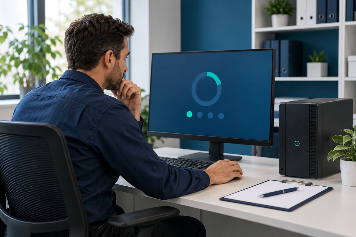 An IT technician reviewing a workstation during a planned support check.