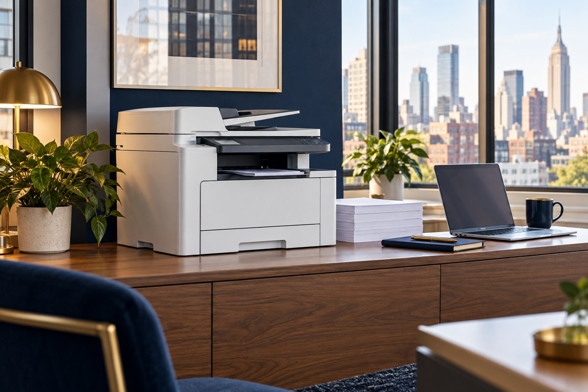 Multifunction printer with paper and laptop in a small office.