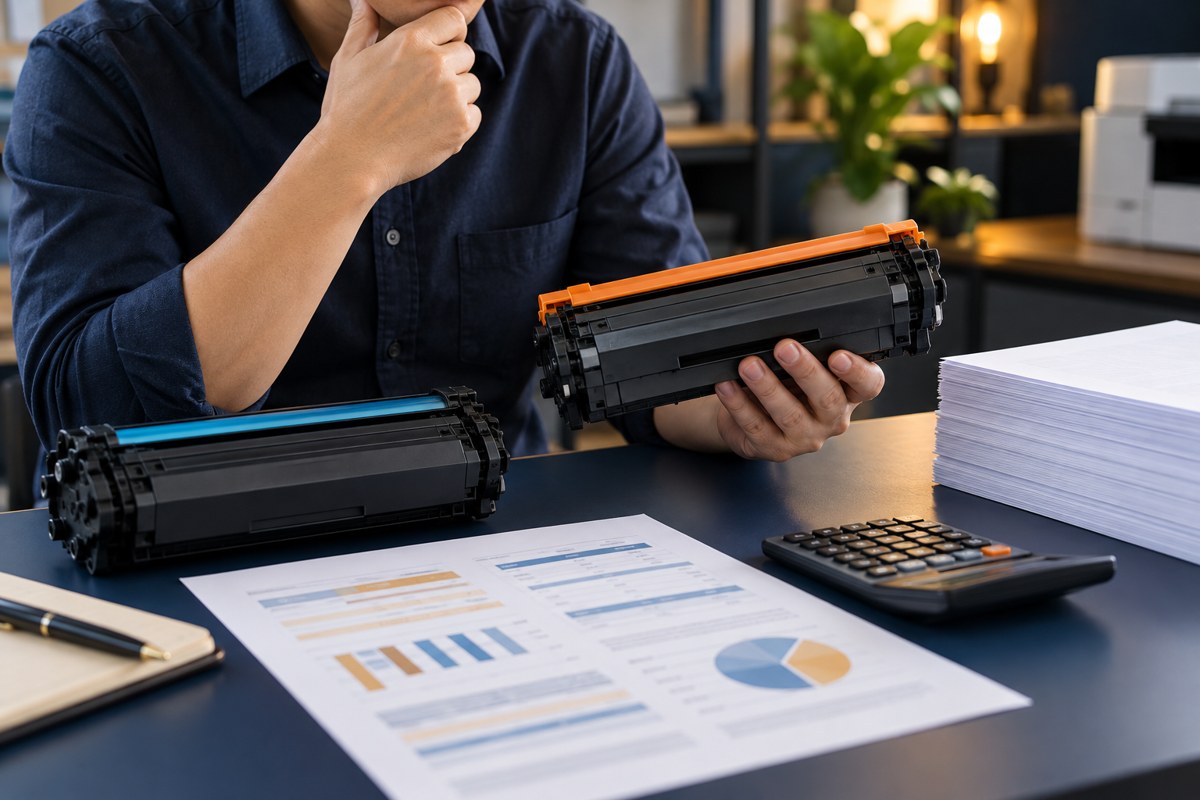 Buyer comparing printer cartridges, paper supplies, and a calculator.