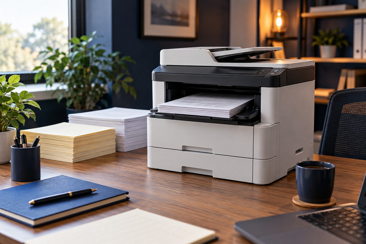 Office printer with output paper and additional paper handling trays.
