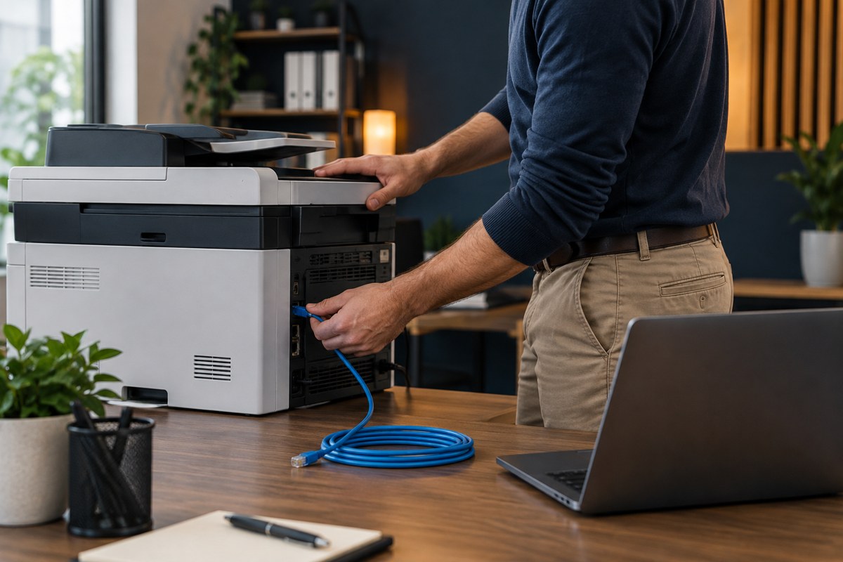 Technician reviewing a printer connection beside a laptop.