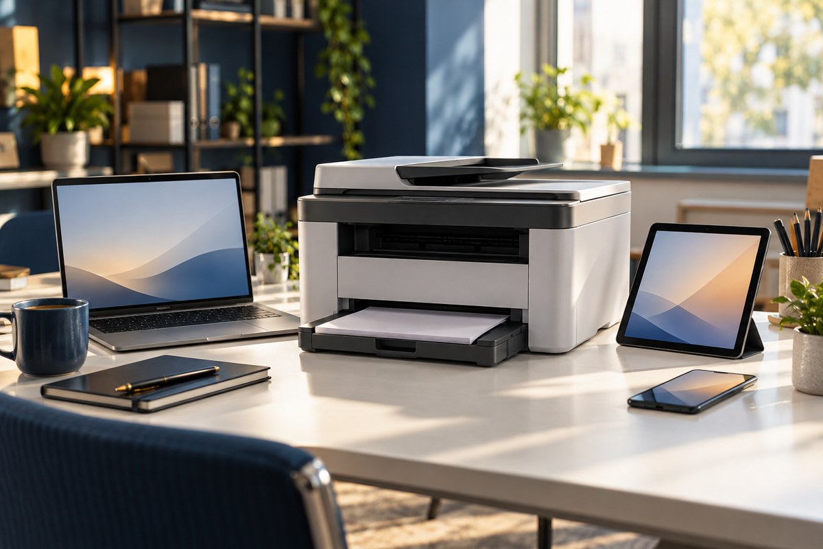 Office printer with laptop, tablet, and phone for compatibility planning.