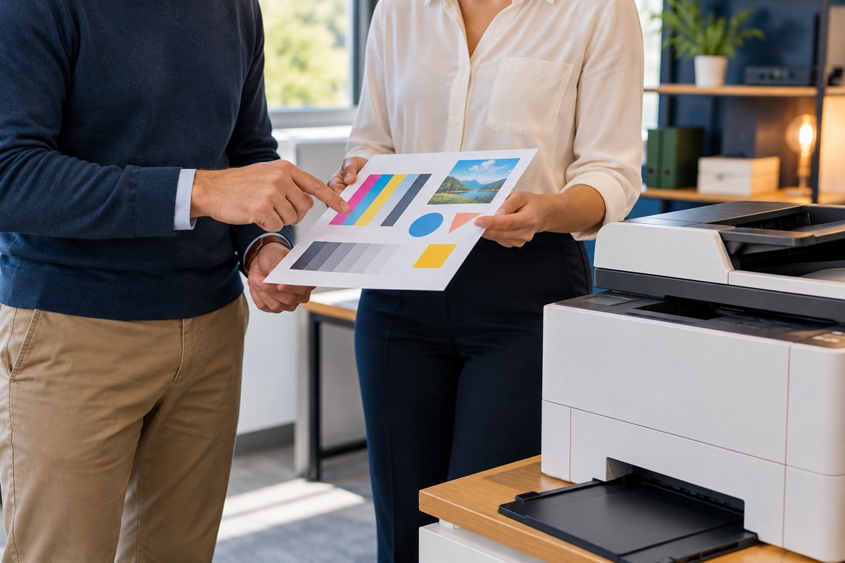 Colleagues inspecting a dummy print test sheet beside a printer.