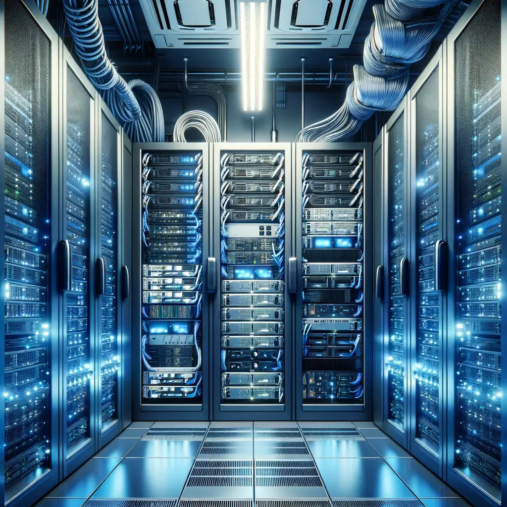 The high-quality image of a data center has been created, capturing the modern essence of server racks, networking equipment, and the organized, high-tech atmosphere typical of such environments.