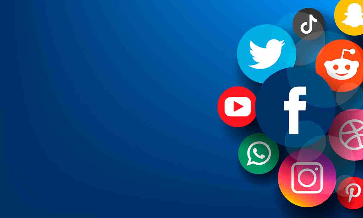 "Social media icons including Facebook, Twitter, Instagram, and LinkedIn, displayed against a vibrant blue background."