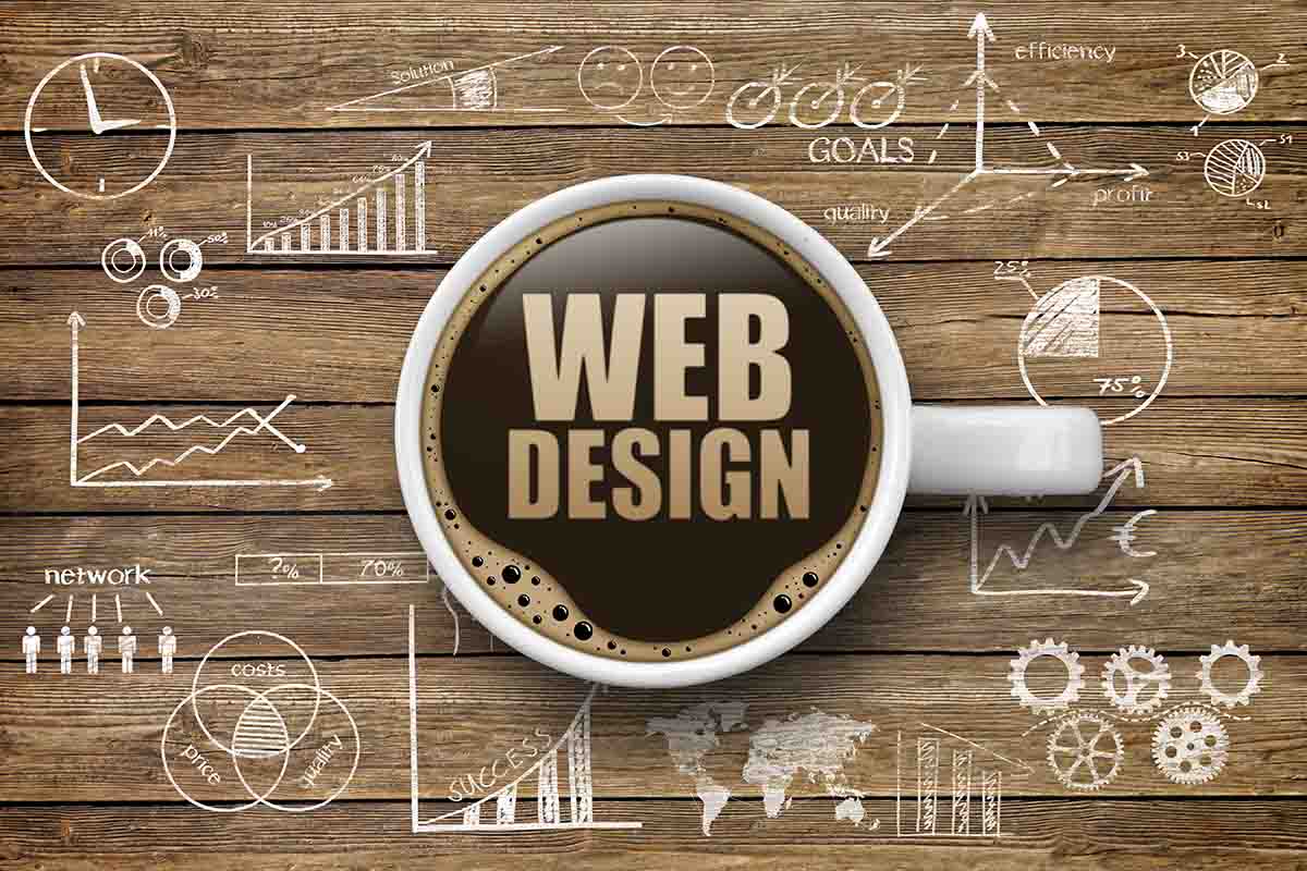 A steaming cup of coffee on a wooden table, with the words "web design" artistically written in the froth. The warm tones of the table enhance the inviting atmosphere created by the coffee, symbolizing the blend of creativity and energy in web design work.