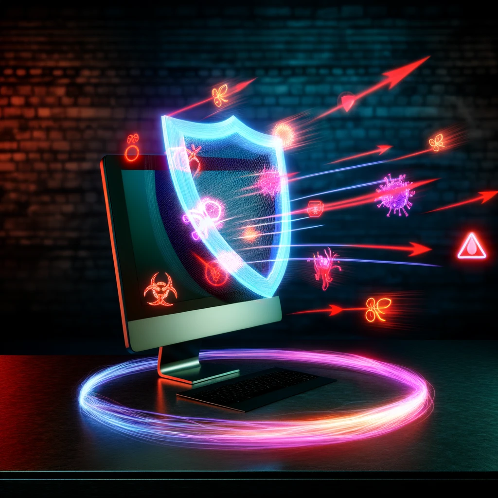 A vibrant digital shield surrounds a desktop computer, emitting pulses of light to repel arrows and symbols representing cyber threats like viruses and malware, set against a dark background to highlight the protection mechanism.