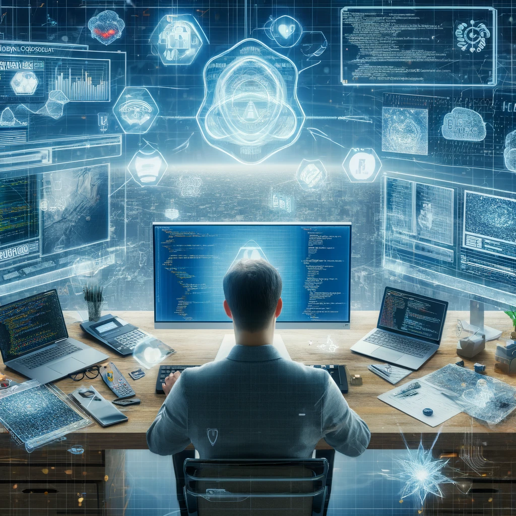 An IT consultant works at a desk with screens showing code and security networks, embodying the multifunctional nature of their role.