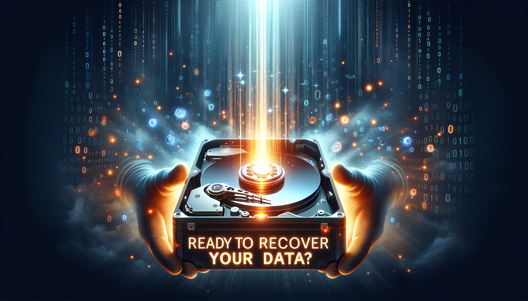 A hard drive bathed in bright light, with digital data particles flowing into it, posing the question 'Ready to Recover Your Data