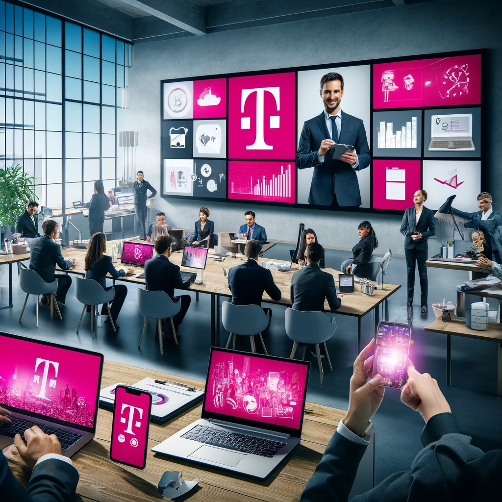 Professional office setting with diverse business people using various devices connected to T-Mobile's network. The modern office space includes laptops, smartphones, and tablets being used for video calls, presentations, and data analysis. A large T-Mobile banner and multiple screens displaying T-Mobile branding are visible in the background. Employees are collaborating and working efficiently in a well-lit, high-tech environment.