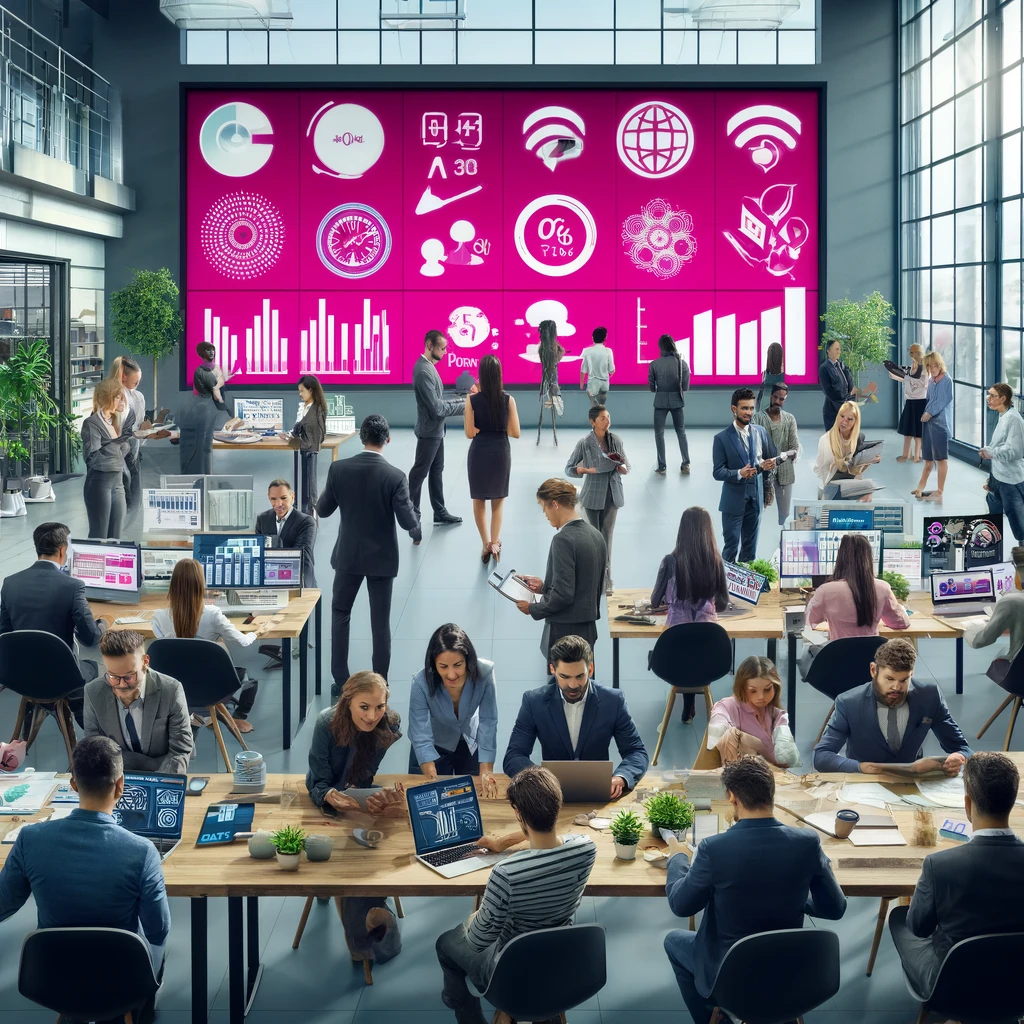 Diverse group of business people in a modern office setting, each working with different devices like laptops, tablets, and smartphones. Various charts, graphs, and infographics are displayed on large screens representing different T-Mobile business plans. The background features prominent T-Mobile branding. The environment is collaborative and dynamic, showcasing employees from different roles and industries engaging in productive activities.