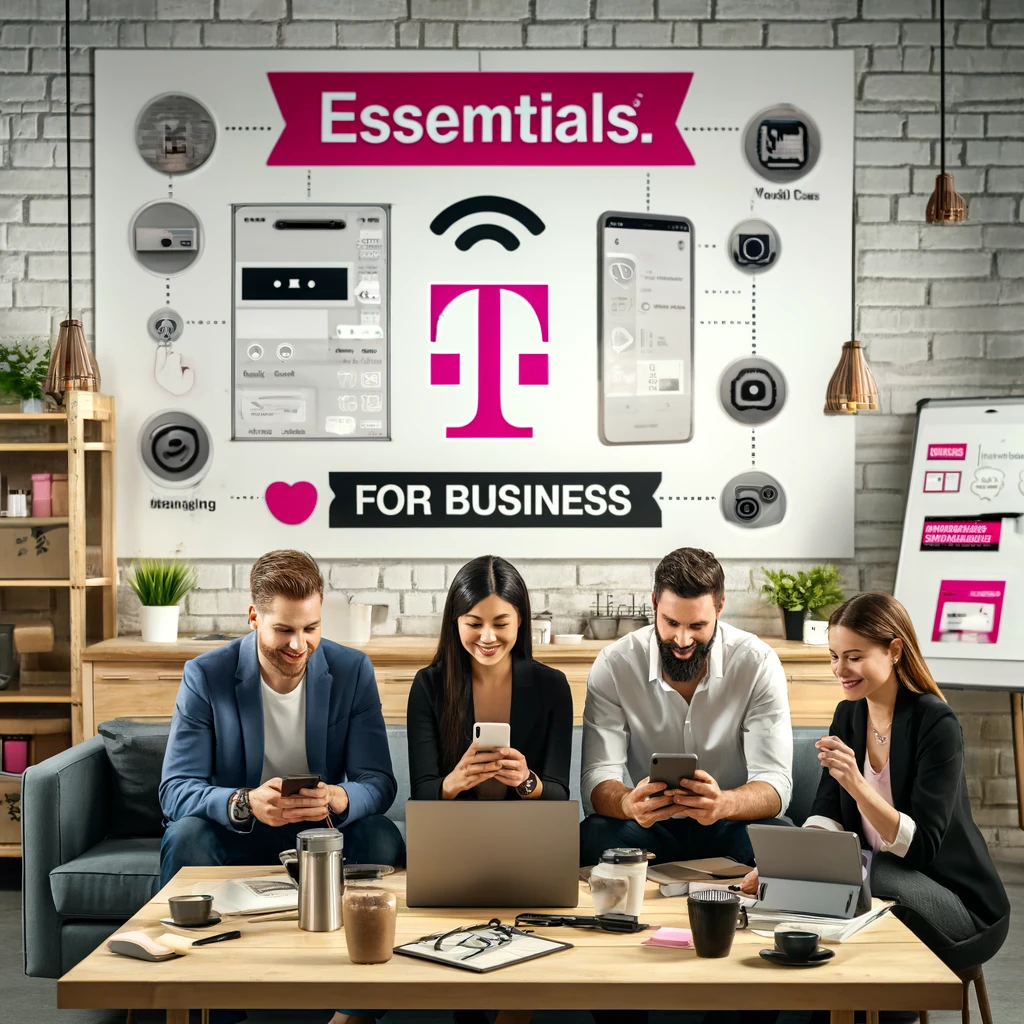 Small business office setting with employees using smartphones and laptops, prominently displaying T-Mobile branding and the Essentials for Business logo. The team collaborates on a project using video calls and messaging apps. The office features a whiteboard with notes, a coffee machine, and a relaxed yet productive atmosphere, highlighting the essential tools and connectivity provided by T-Mobile for small business operations.