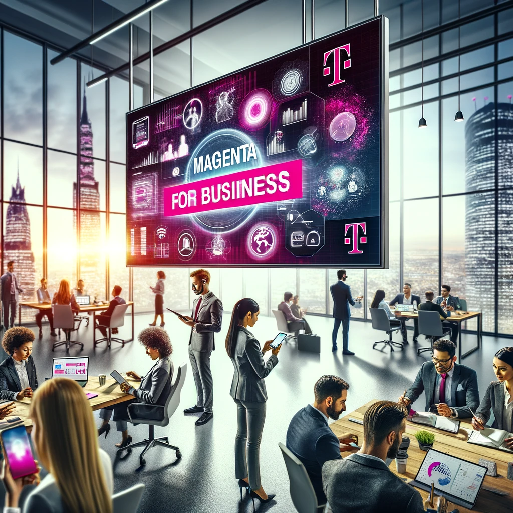 Vibrant business office setting with employees using high-tech devices like smartphones, tablets, and laptops. The Magenta for Business logo is prominently displayed. A diverse team is engaged in video conferences, presentations, and collaborative work. Large screens show data analytics with T-Mobile branding, highlighting the benefits of connectivity and productivity tools offered by T-Mobile's Magenta for Business plan in a dynamic, modern office environment.