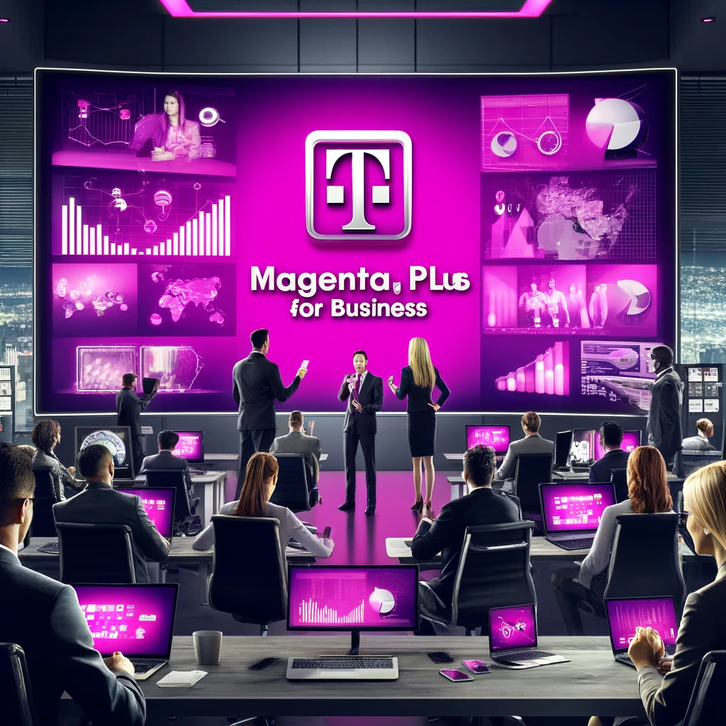 High-tech business office with employees using advanced devices like smartphones, tablets, laptops, and smartboards. The Magenta Plus for Business logo is prominently displayed. A diverse team is engaged in high-definition video conferences, using in-flight Wi-Fi, and accessing enhanced data analytics. The office features T-Mobile branding, large screens with business charts, and a dynamic, collaborative environment, highlighting the premium features and connectivity of T-Mobile's Magenta Plus for Business plan.