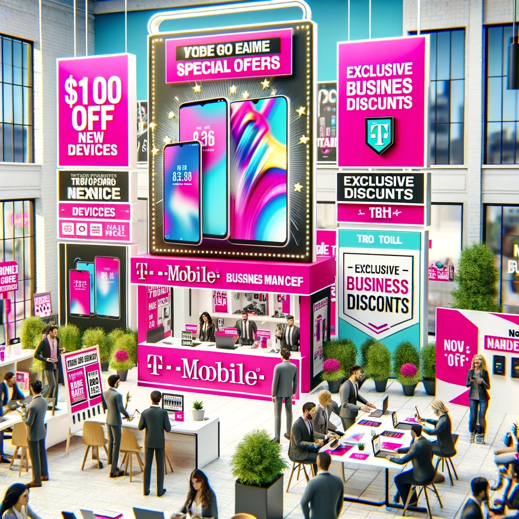 Vibrant office setting showcasing various special offers and discounts available for T-Mobile business customers. Promotional banners and signs display messages like '$1,000 off new devices,' 'No trade-in required,' and 'Exclusive business discounts.' Employees are using smartphones and laptops in a T-Mobile branded display area. The environment is dynamic and bustling, highlighting the excitement and value of T-Mobile's special offers and discounts for businesses.