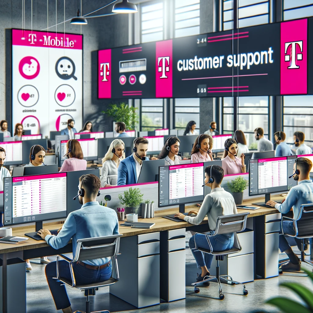 Modern office setting featuring a dedicated customer support team for T-Mobile Business. Employees use headsets and computers to assist customers. T-Mobile branding is displayed prominently. Large screens show customer satisfaction ratings, support tickets, and live chat interfaces. The environment is supportive and responsive, with team members collaborating and solving customer issues efficiently. A diverse group of employees works in a professional, well-organized workspace.