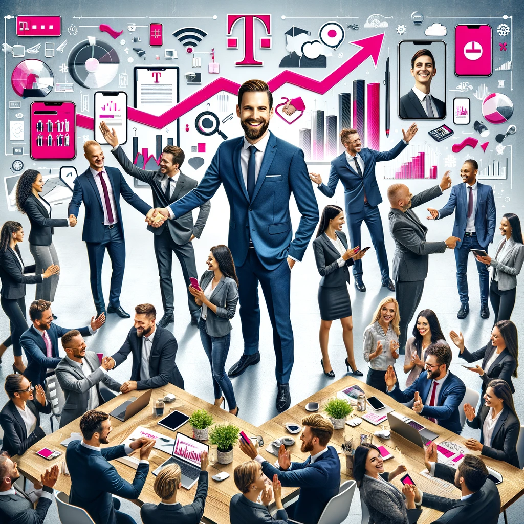 Professional office setting with a diverse team celebrating a successful collaboration. T-Mobile branding is prominently displayed. Employees are shaking hands, smiling, and using devices like smartphones, tablets, and laptops. A "Congratulations" banner, along with charts and graphs showing positive results, are visible on screens. The environment is dynamic and collaborative, emphasizing the success and benefits of using T-Mobile Business plans.